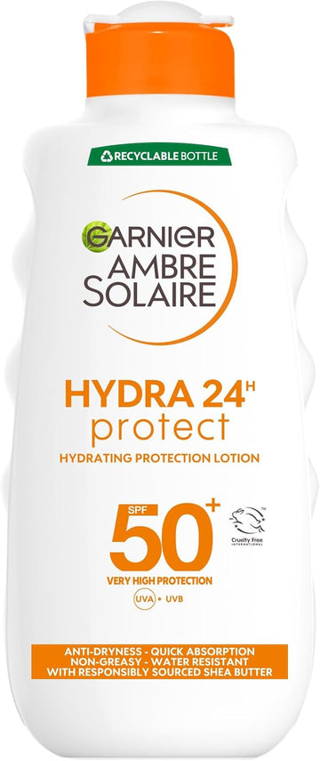 Garnier Ambre Solaire Hydra 24 Hour Protect Lotion, Water Resistant Sunscreen, With Shea Butter, Uva And Uvb Protection, Unscented, Sun Protection Factor 50, 200 Ml, Pack Of 1
